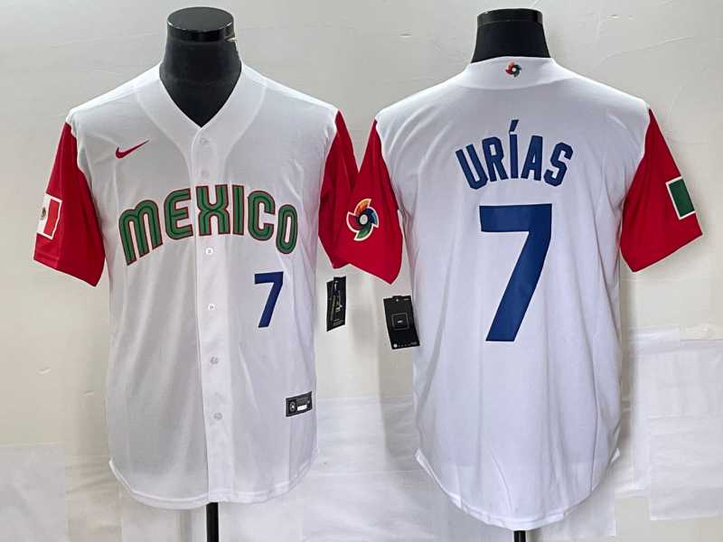 Men's Mexico Baseball #7 Julio Urias Number 2023 White Red World Classic Stitched Jersey1